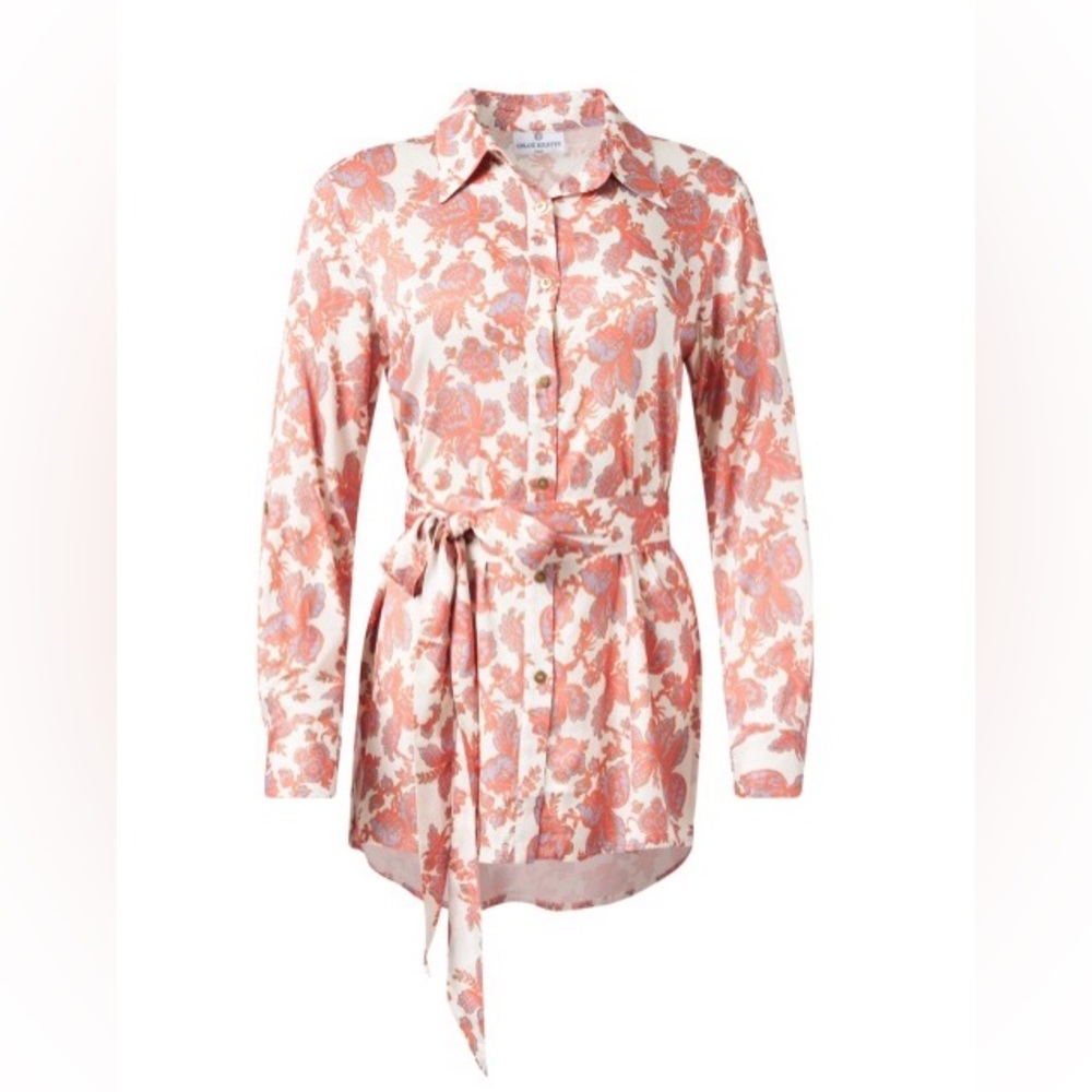 NWT Chloe Kristyn Erin Coral and White Belted Blouse